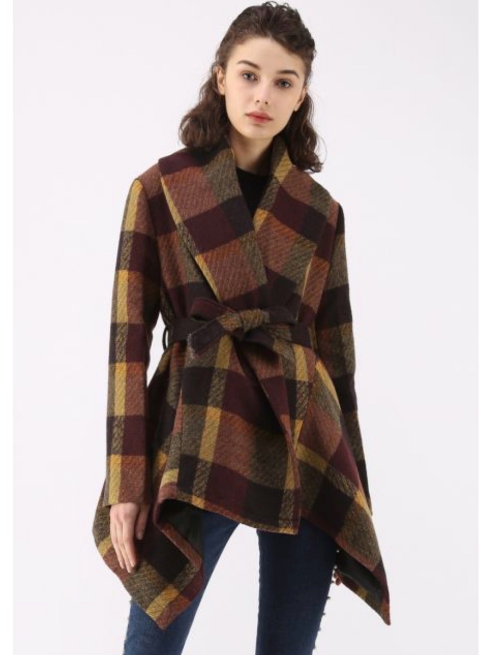 Chicwish Burgundy Mustard Olive Plaid Wrap Coat